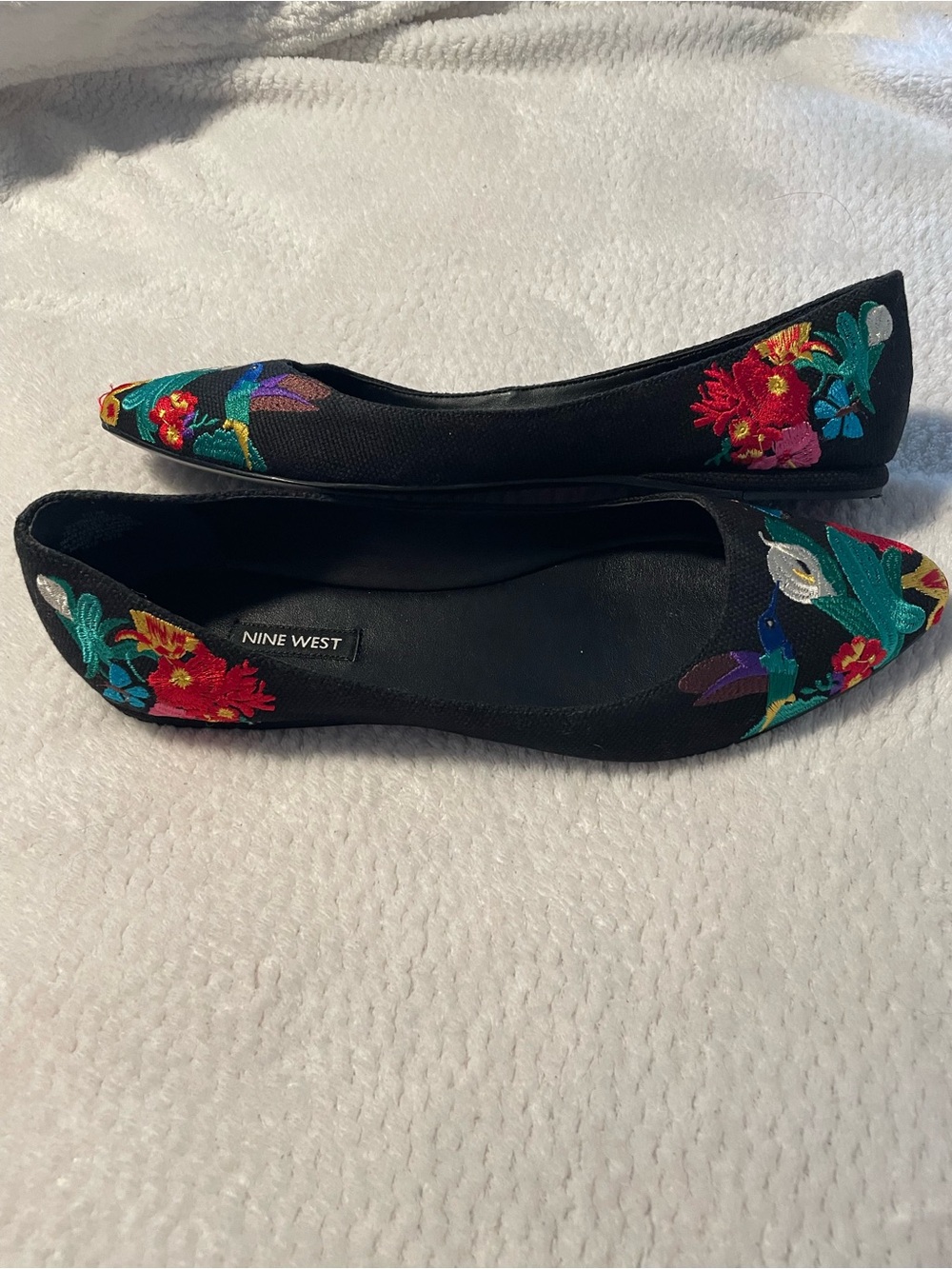 Nine West Black Pointed-Toe Flats with Multicolor Floral Embroidery - Picture 2 of 5